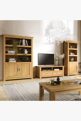 Massive Wohnwand aus Eichenholz mit TV-Kommode und Regalen